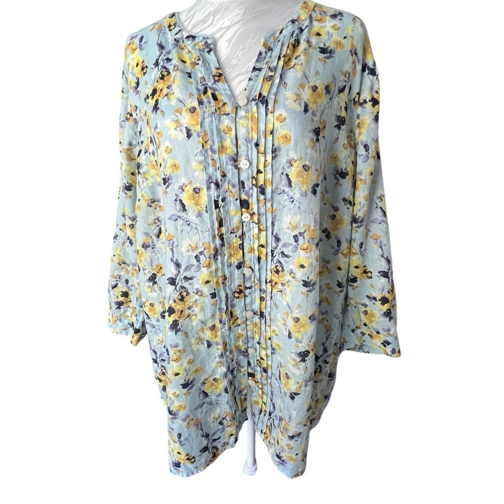 J Jill‎ Linen Sz L Relaxed Fit Tunic Lightweight Blue Yellow Top Button Up